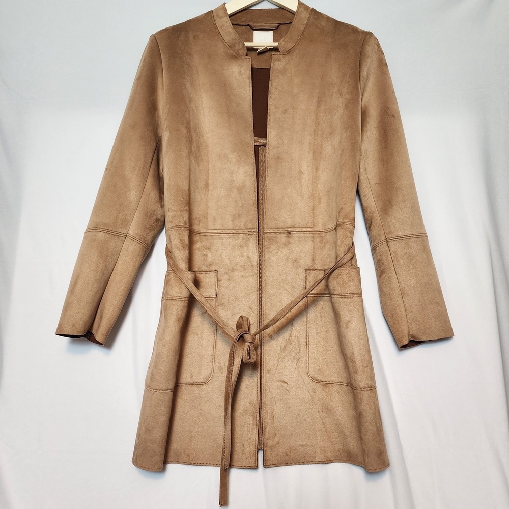 H&M Faux Suede Belted Open Front Jacket Camel Brown Medium